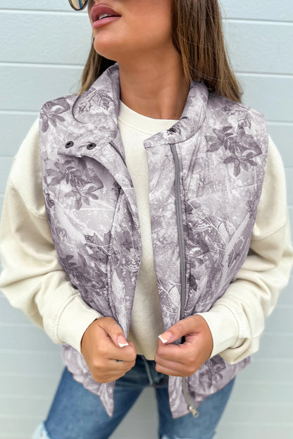 Brown Camo Leaf Print Lightweight Winter Puffer Vest
