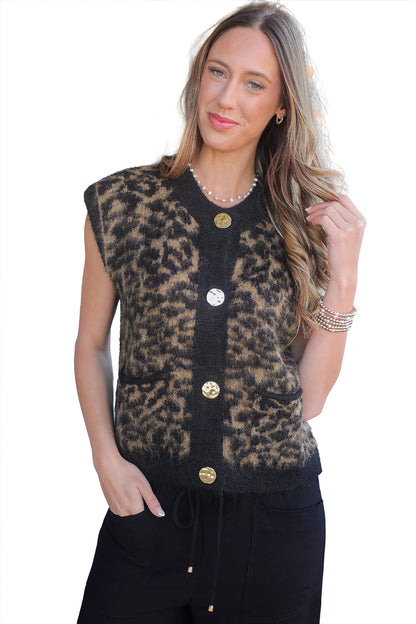 Western Leopard Print Knit Sweater Vest Button Cardigan