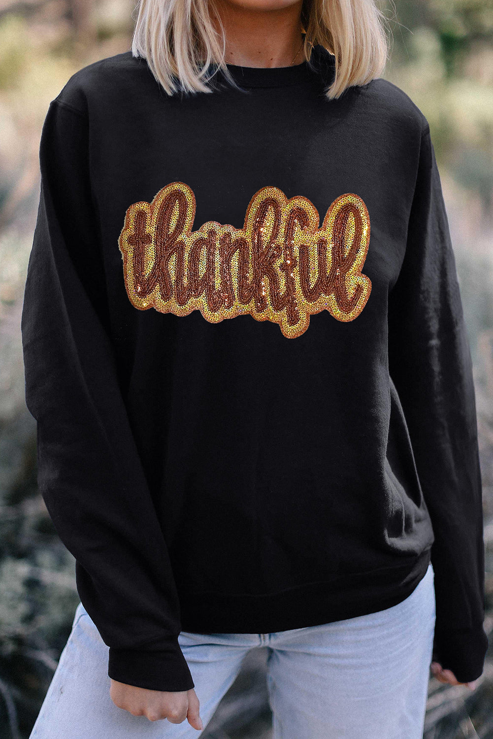 Black Thankful Glitter Graphic Drop Shoulder Sweatshirt