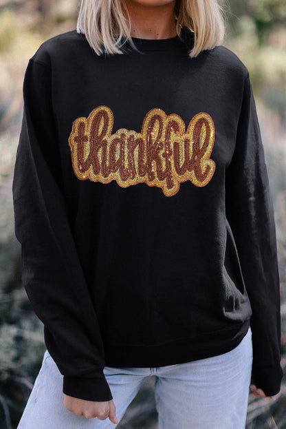 Black Thankful Glitter Graphic Drop Shoulder Sweatshirt