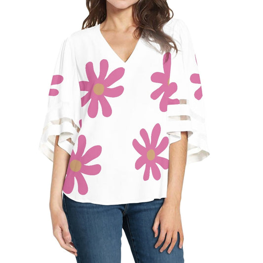 Lace Trimmed Chiffon Top With Pink Flowers On White Background