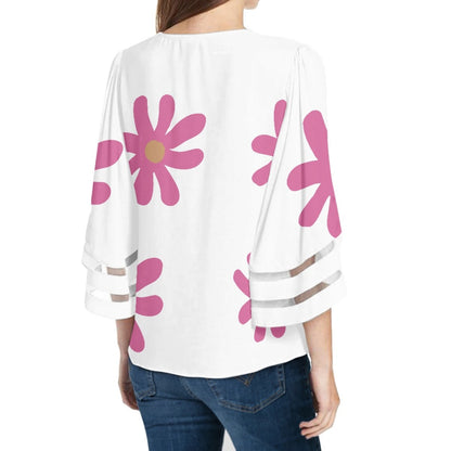 Lace Trimmed Chiffon Top With Pink Flowers On White Background