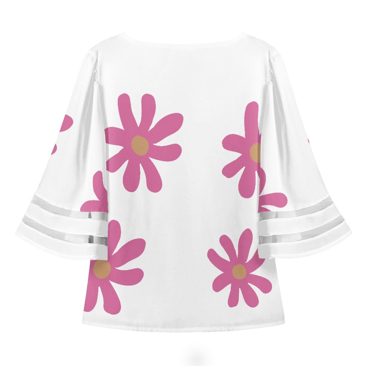 Lace Trimmed Chiffon Top With Pink Flowers On White Background