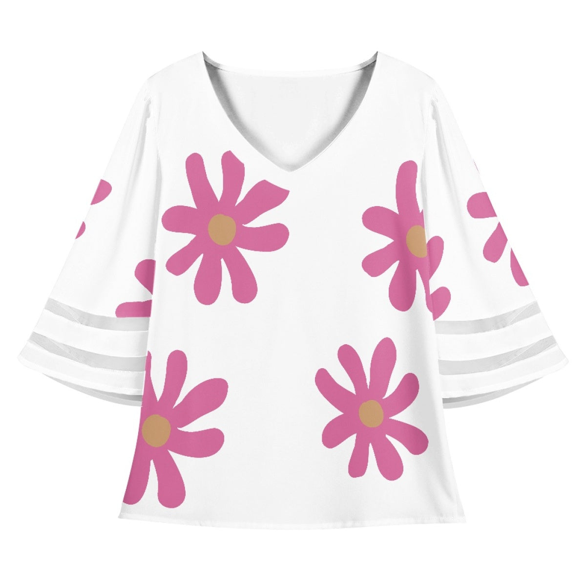 Lace Trimmed Chiffon Top With Pink Flowers On White Background