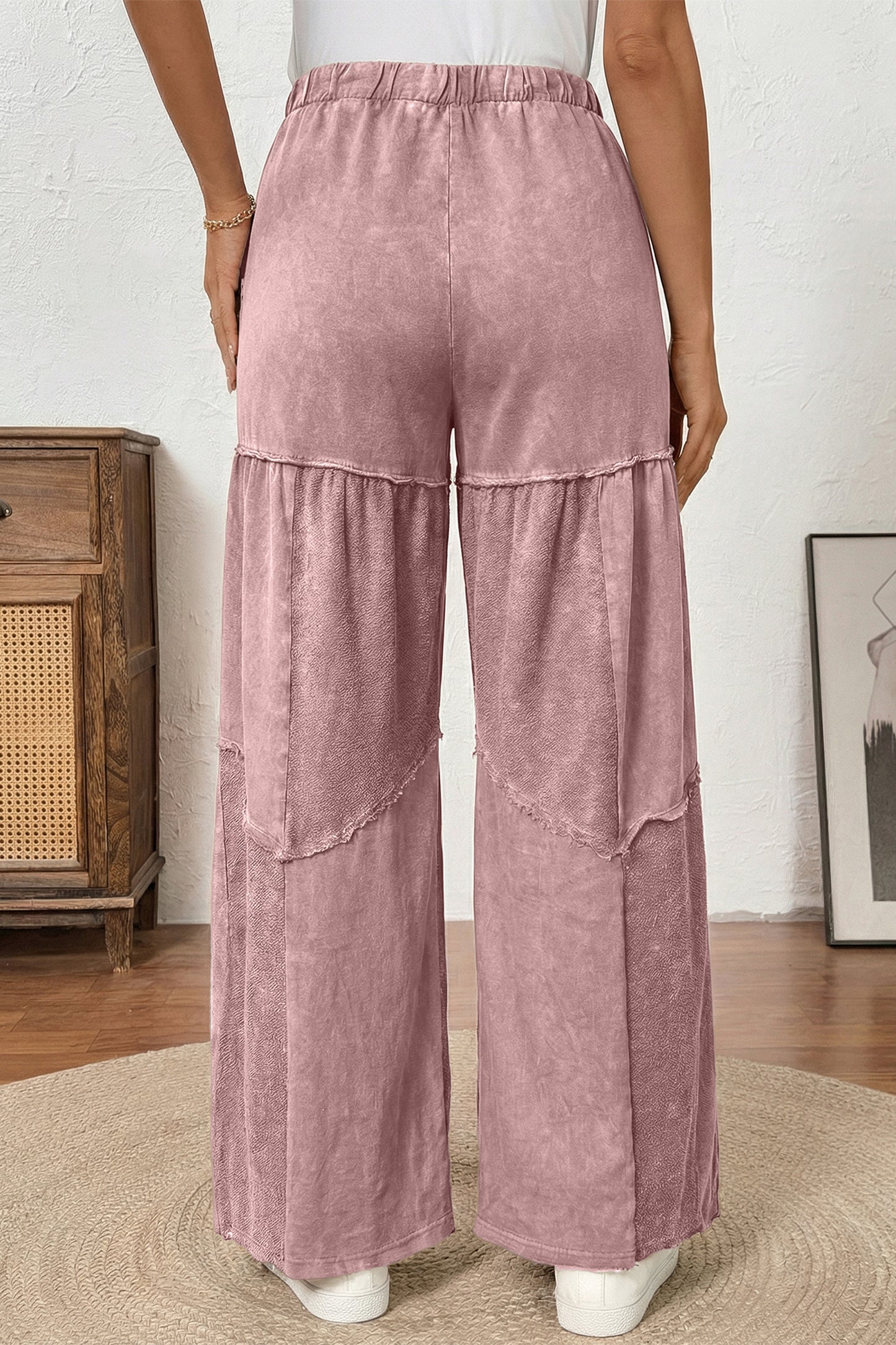 Women's Black Mineral Wash Wide Leg Patchwork Pants