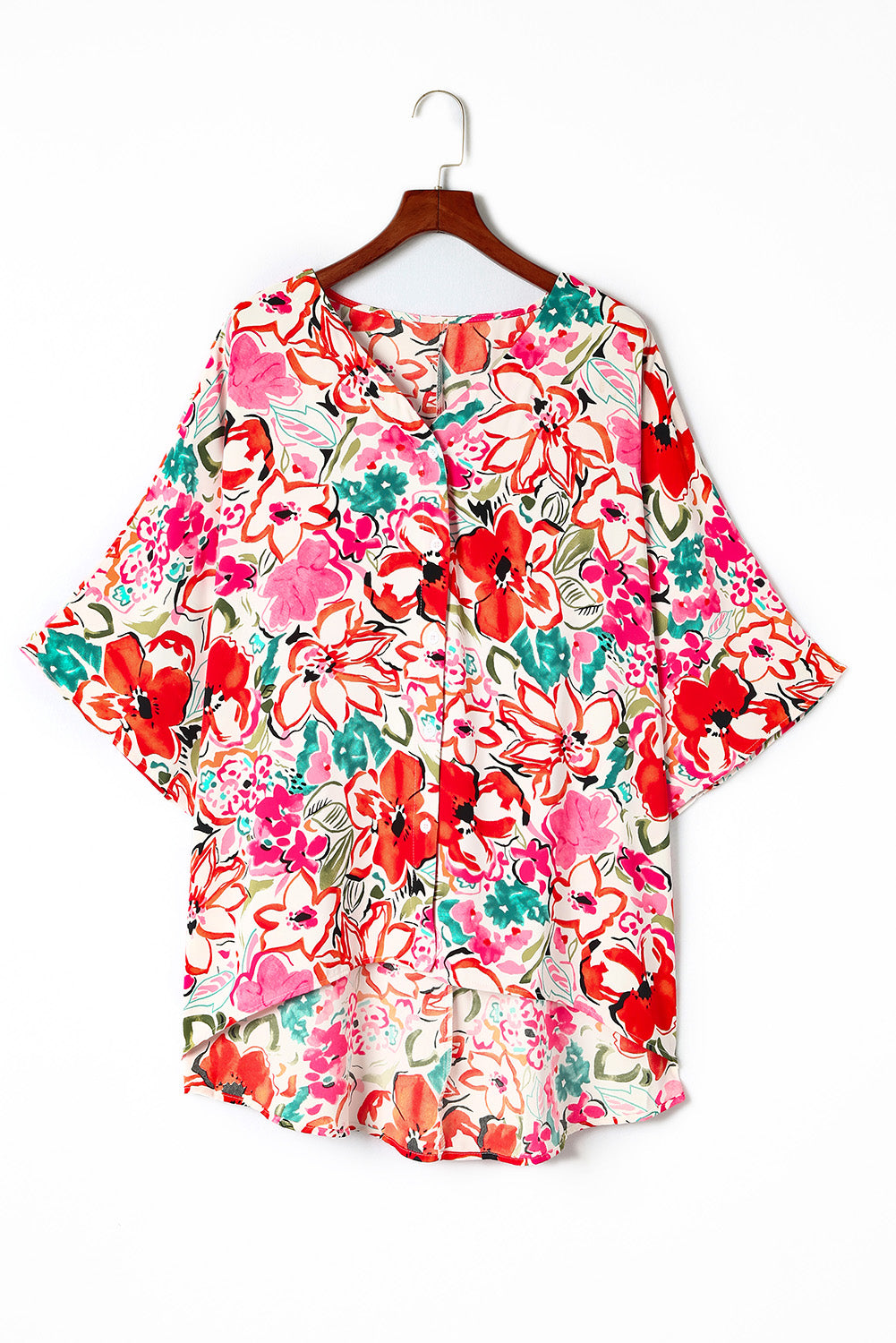 Rose Plus Size Floral Print Kimono Sleeve Shirt