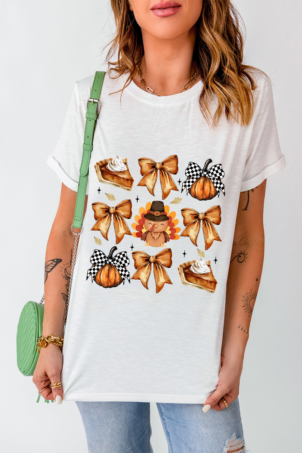 White Bow Turkey Pumpkin Pie Thanksgiving Graphic T Shirt