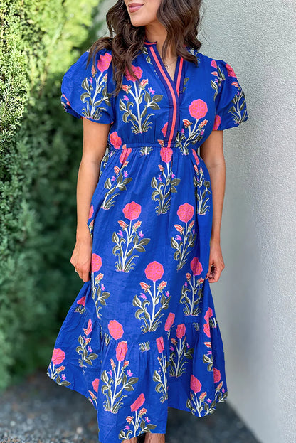 White Floral Contrast Trim V Neck Maxi Dress