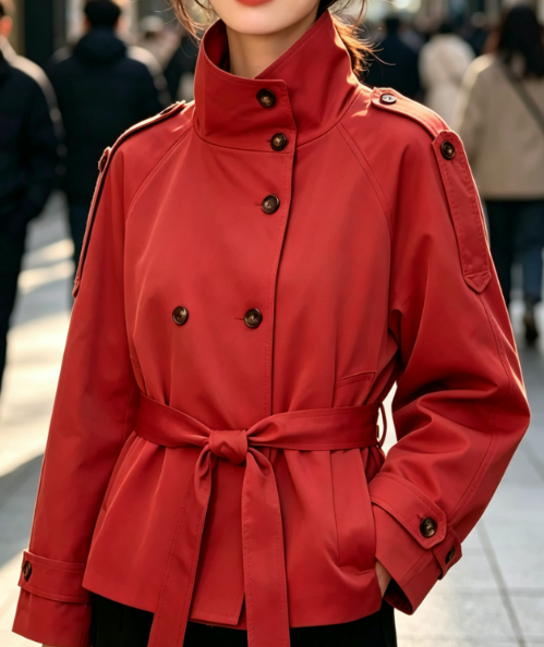 Women Double Breasted Belted Cropped Trench Coat