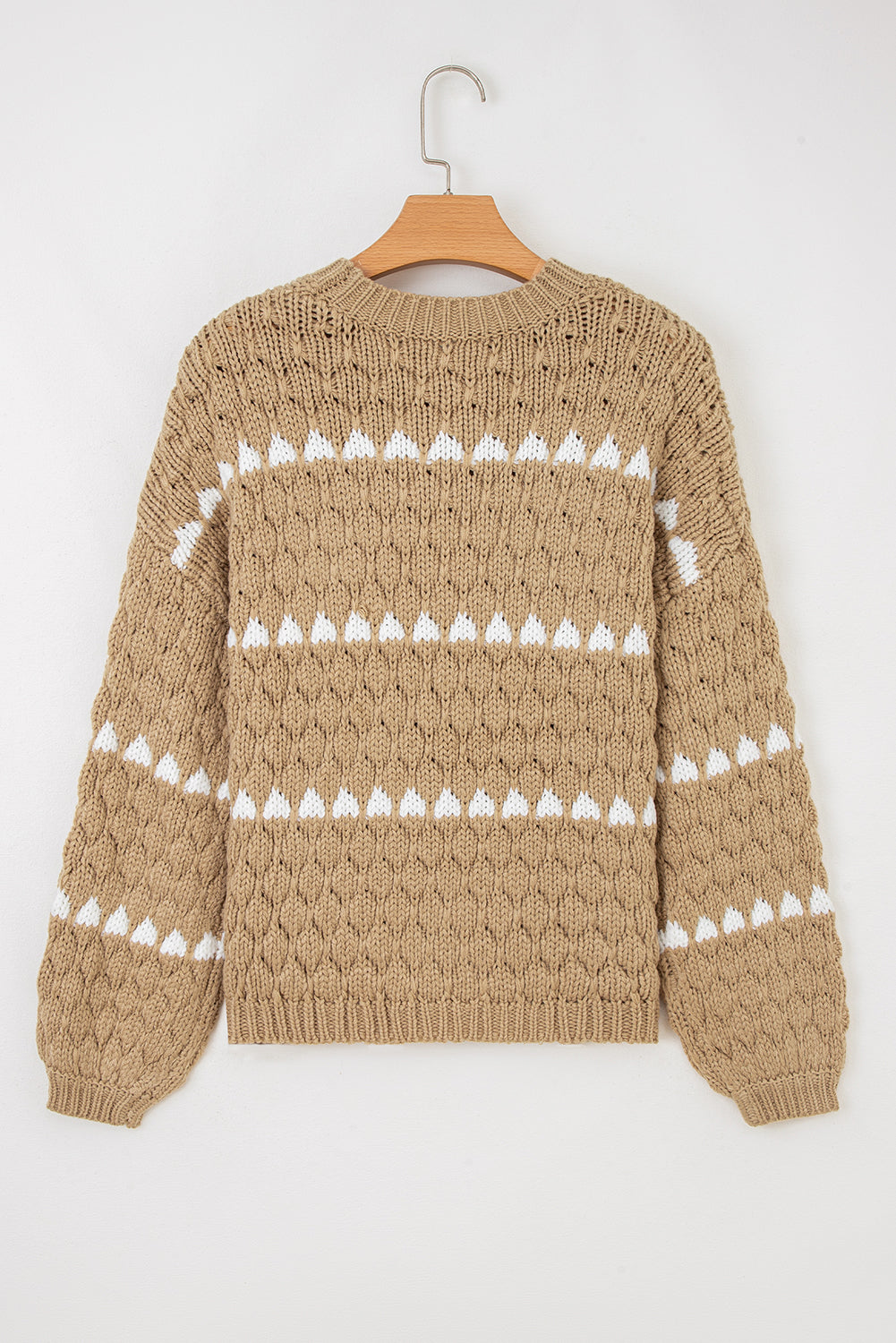 Khaki Textured Knit Sweater Puff Sleeve Loose Fit Pullover