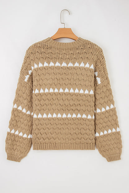 Khaki Textured Knit Sweater Puff Sleeve Loose Fit Pullover