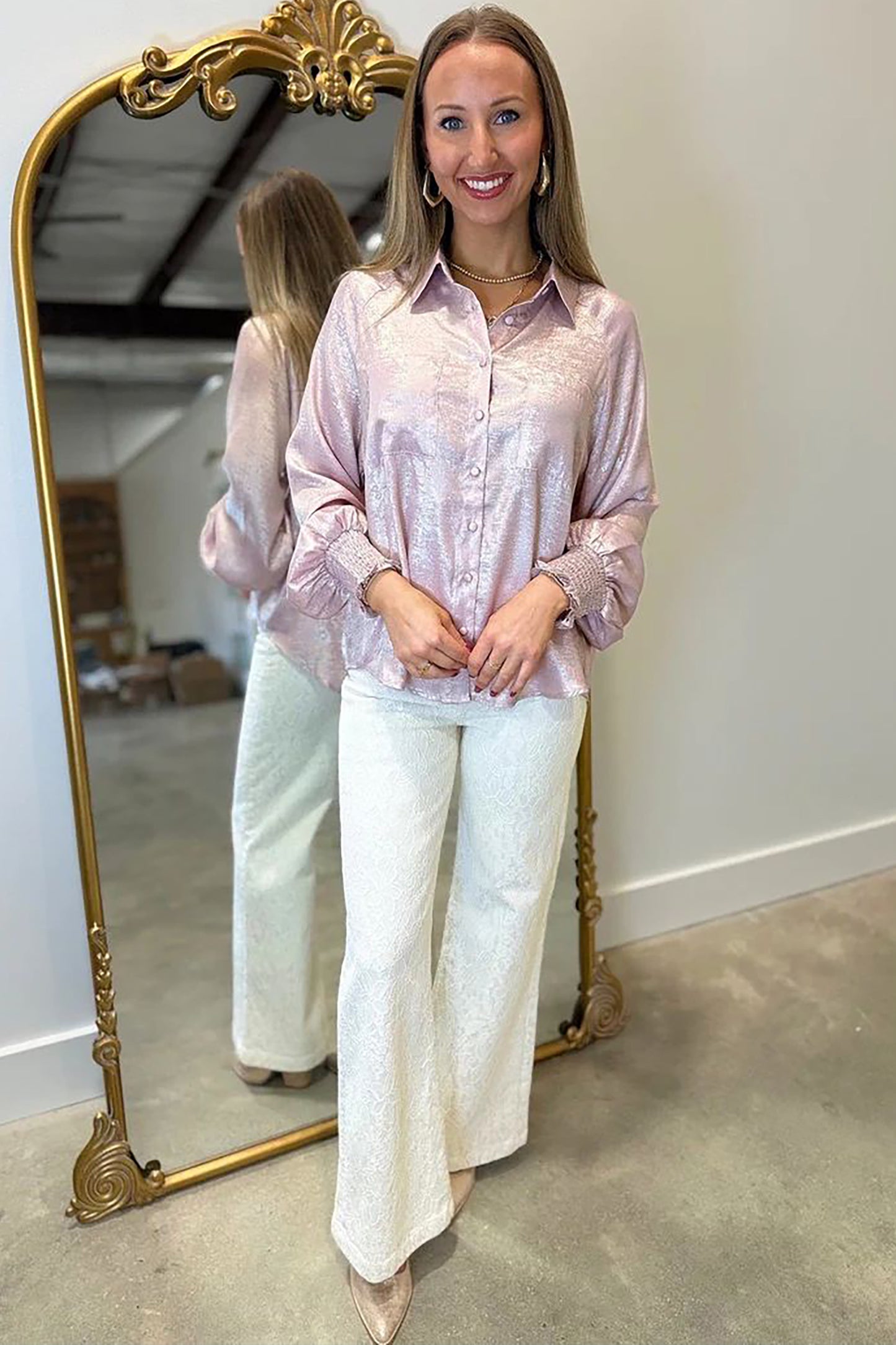 Delicacy Metallic Button Down Satin Blouse with Smocked Cuffs