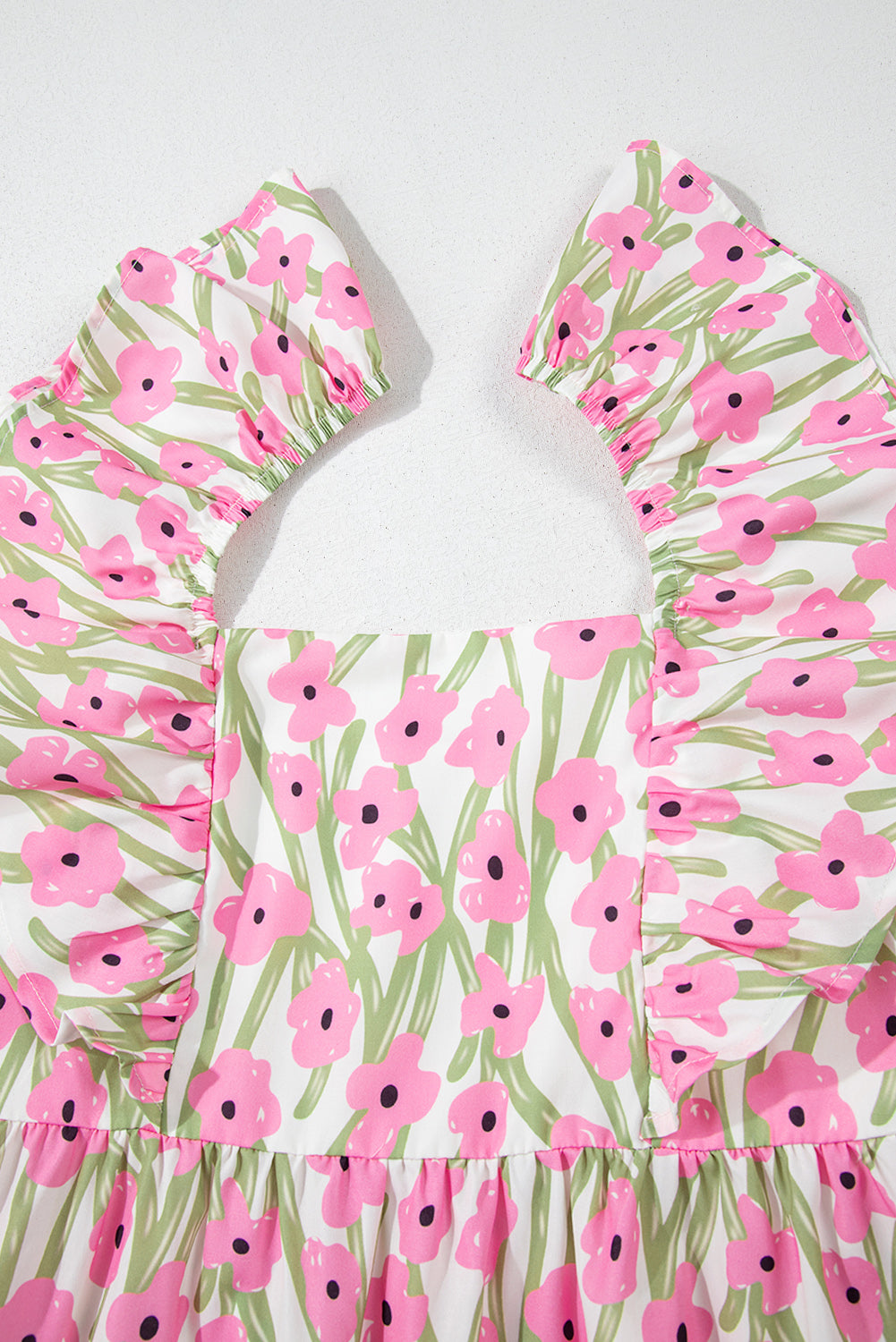 Pink Floral Square Neck Ruffle Sleeve Maxi Dress