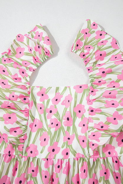 Pink Floral Square Neck Ruffle Sleeve Maxi Dress