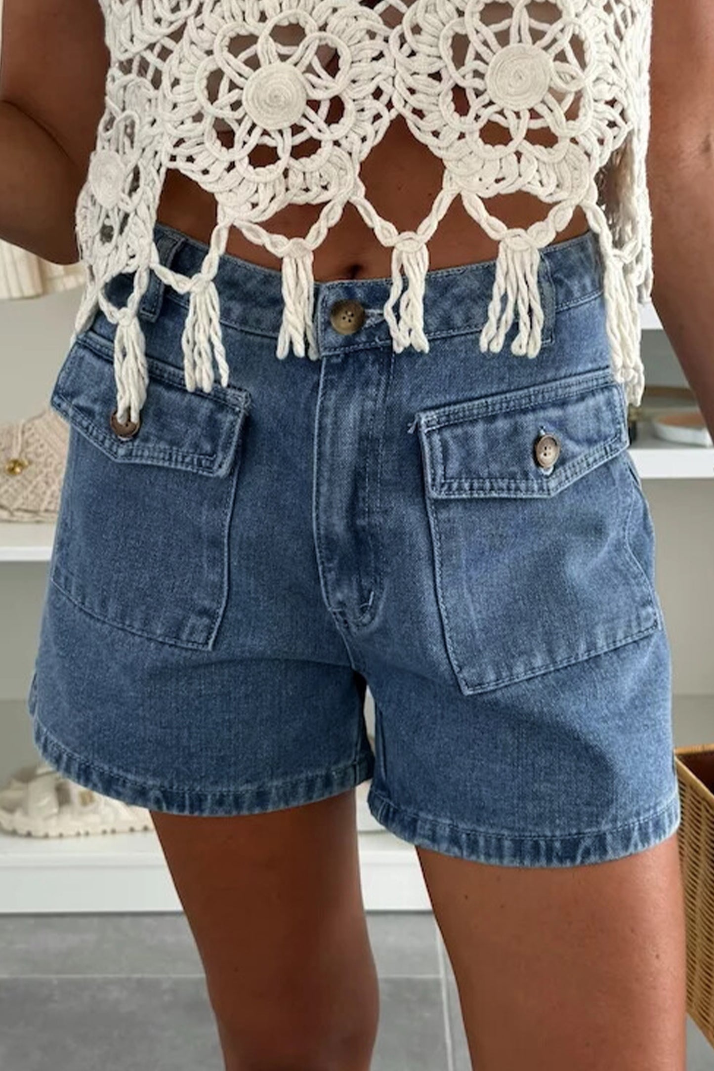 High Waist Flap Pocket Denim Shorts