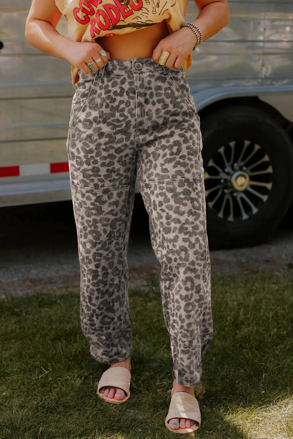 Brown Clear Seam Detail Patchwork Leopard Print Jeans