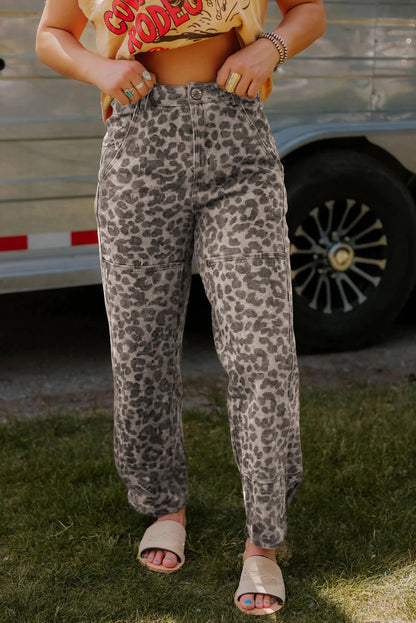 Brown Clear Seam Detail Patchwork Leopard Print Jeans