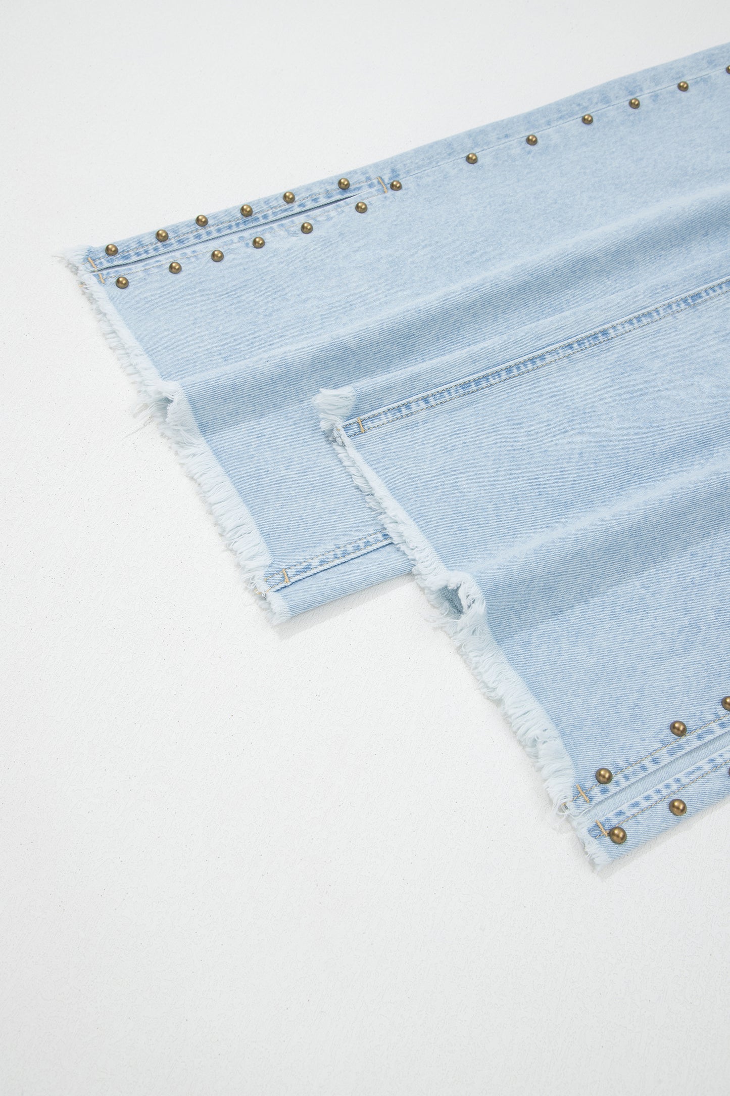 Beau Blue Studded Side Slit Wide Leg Jeans Frayed Pockets