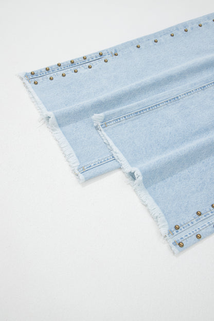 Beau Blue Studded Side Slit Wide Leg Jeans Frayed Pockets