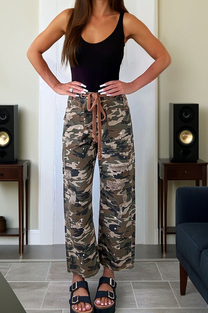 Green Camouflage Distressed Loose Fit Denim Pants