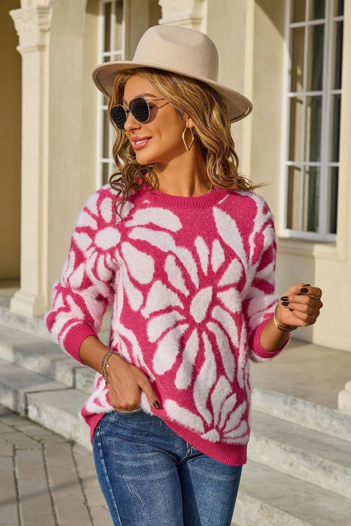 Fuzzy Floral Pullover Sweater – Cozy Knit for Winter