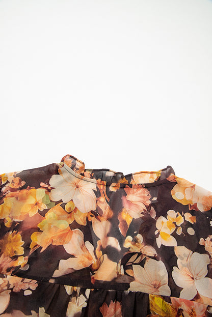Black Floral Print V Neck Long Sleeve Smocked Cuff Blouse