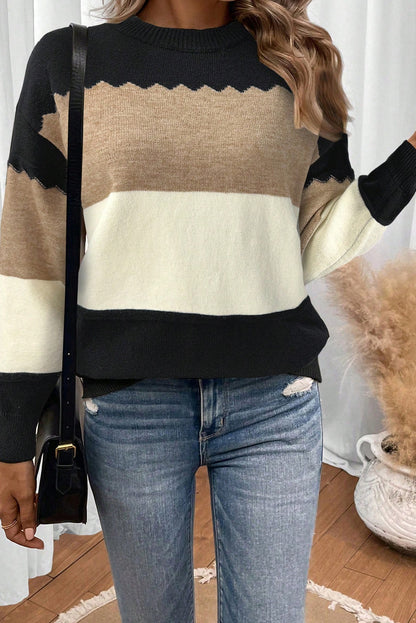 Black Beige Brown Colorblock Drop Shoulder Knit Sweater