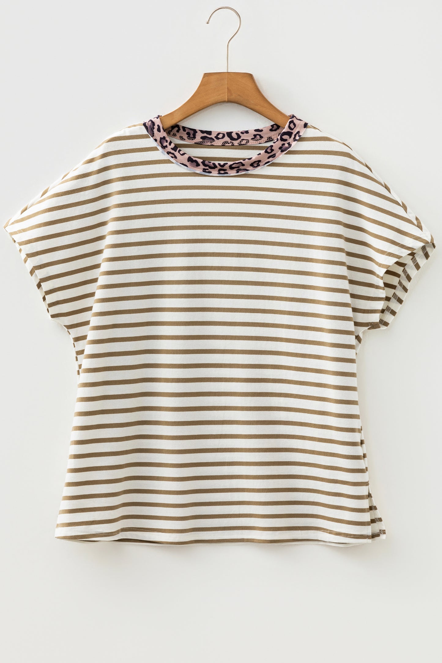 Striped Leopard Trim Tee Casual Loose Fit T Shirt