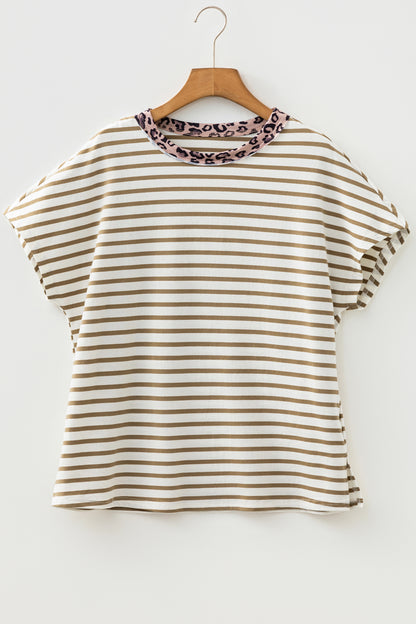 Striped Leopard Trim Tee Casual Loose Fit T Shirt