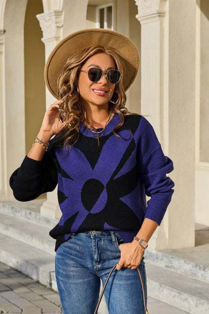 Colorblock Floral Knit Sweater – Pullover Top for Fall Women