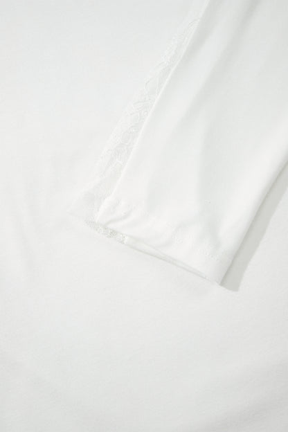 White Lace Sleeve Casual Round Neck Long Sleeve Top Women