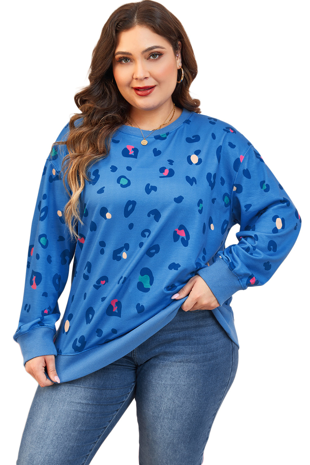 Sky Blue Leopard Ribbed Edge Drop Shoulder Pullover Sweatshirt