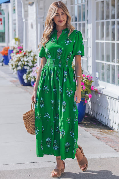 Floral Smocked Waist Maxi Dress Split Neck Boho