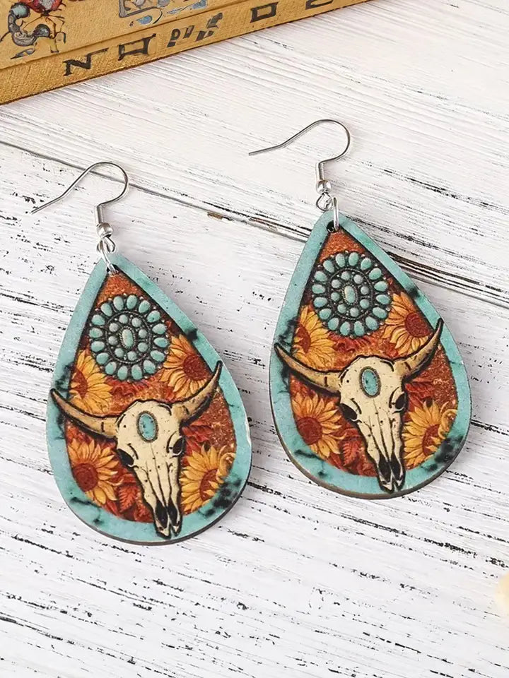 Chestnut Western Steer Head Wooden Drop Earrings