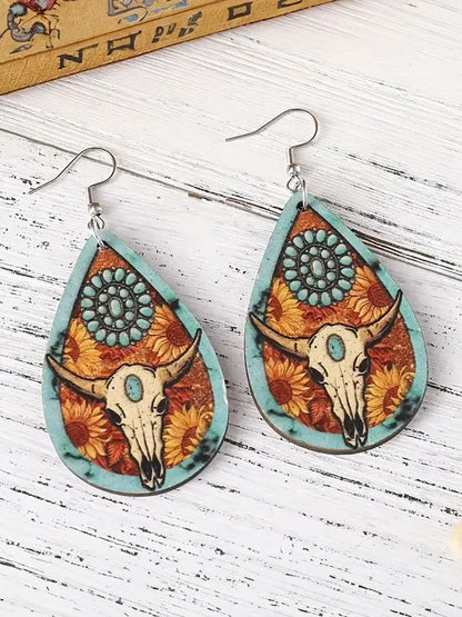 Chestnut Western Steer Head Wooden Drop Earrings