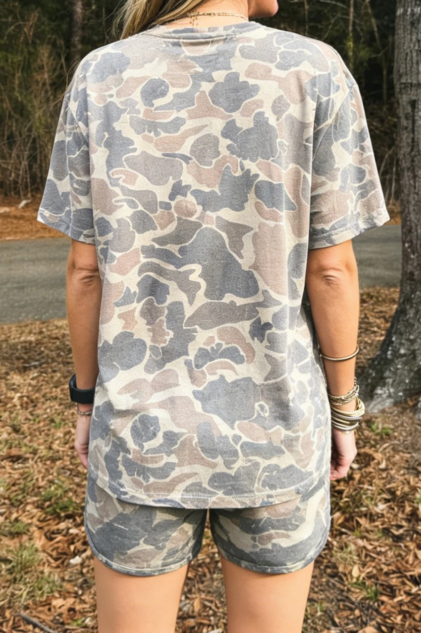 Camo Two Piece Lounge Set Oversized Tee Shorts Outfit