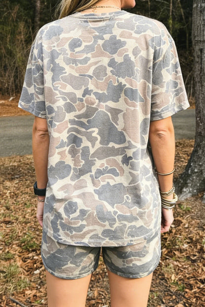 Camo Two Piece Lounge Set Oversized Tee Shorts Outfit