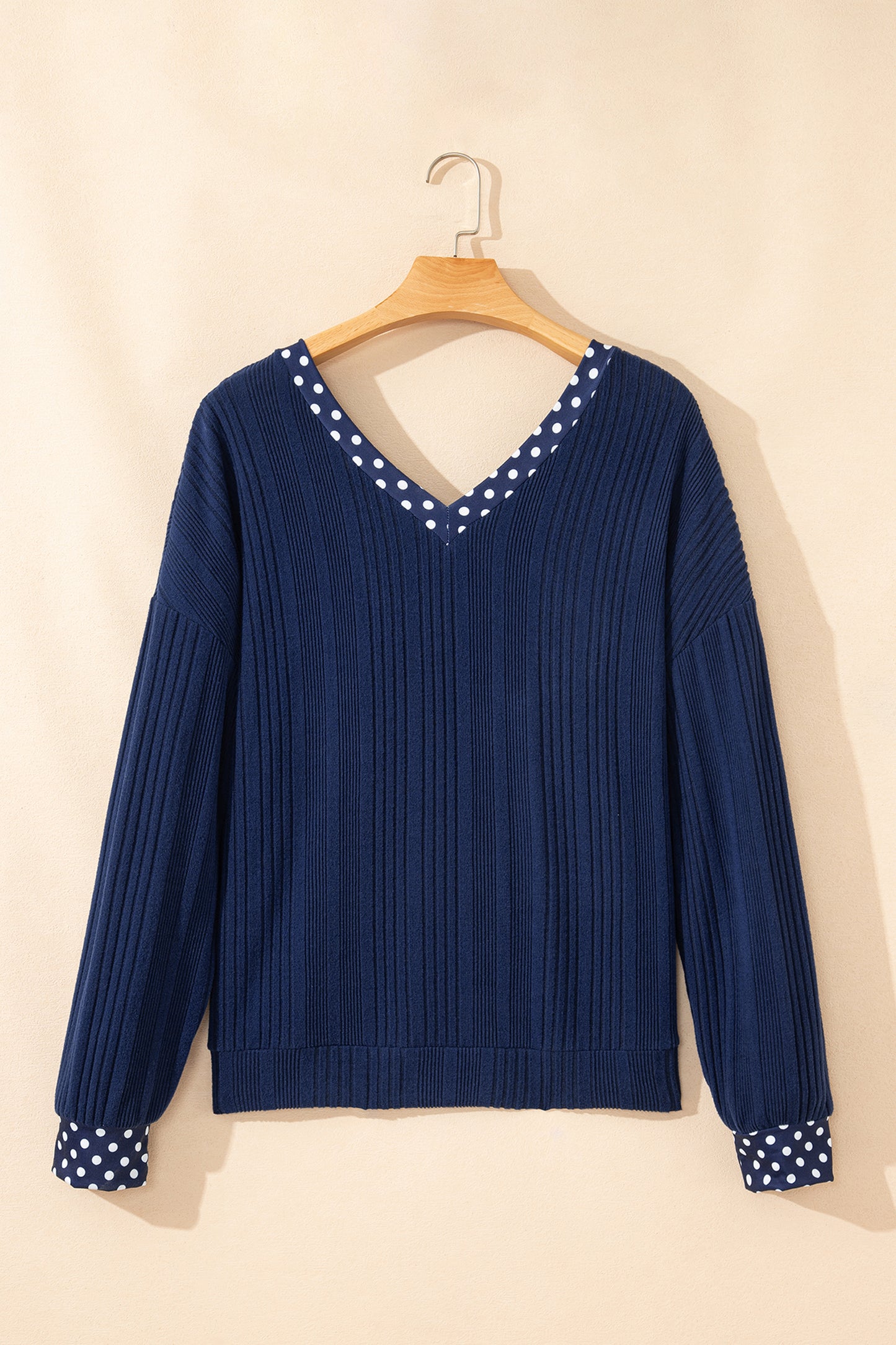 Polka Dot Trim V Neck Tie Ribbed Knit Top Women