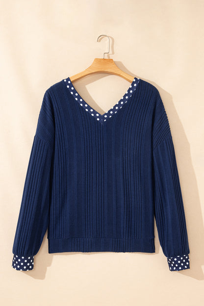 Polka Dot Trim V Neck Tie Ribbed Knit Top Women
