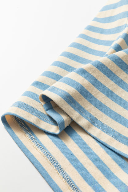Sky Blue Striped Contrast Neck Drop Shoulder Loose Tee
