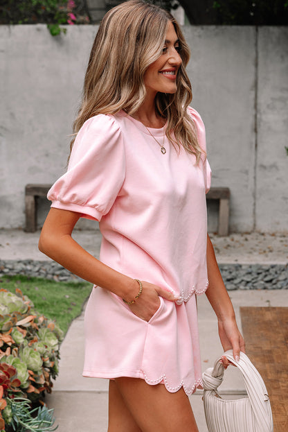 Scalloped Hem Puff Sleeve Lounge Set Casual Two Piece