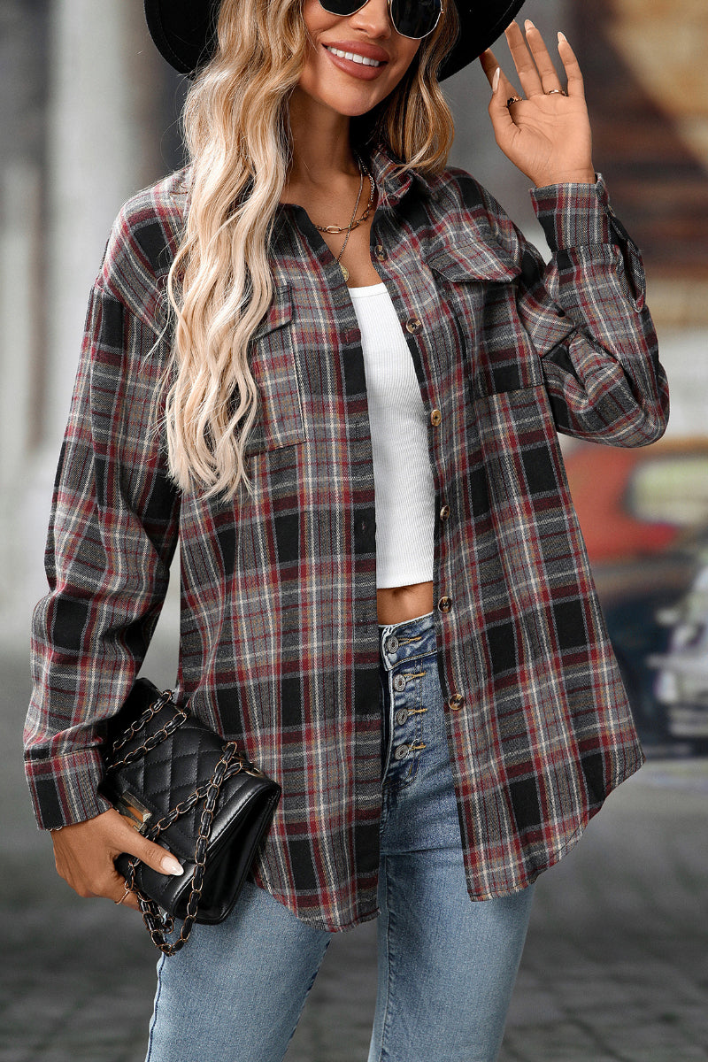Plaid Long Sleeve Button Down Shirt with Chest Pockets