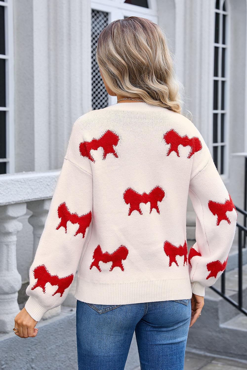 Bow Knit Pullover Sweater - Cozy Graphic Crewneck Top