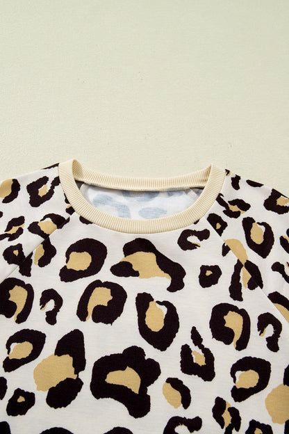 Khaki Leopard Long Sleeve T Shirt Shift Dress with Pockets