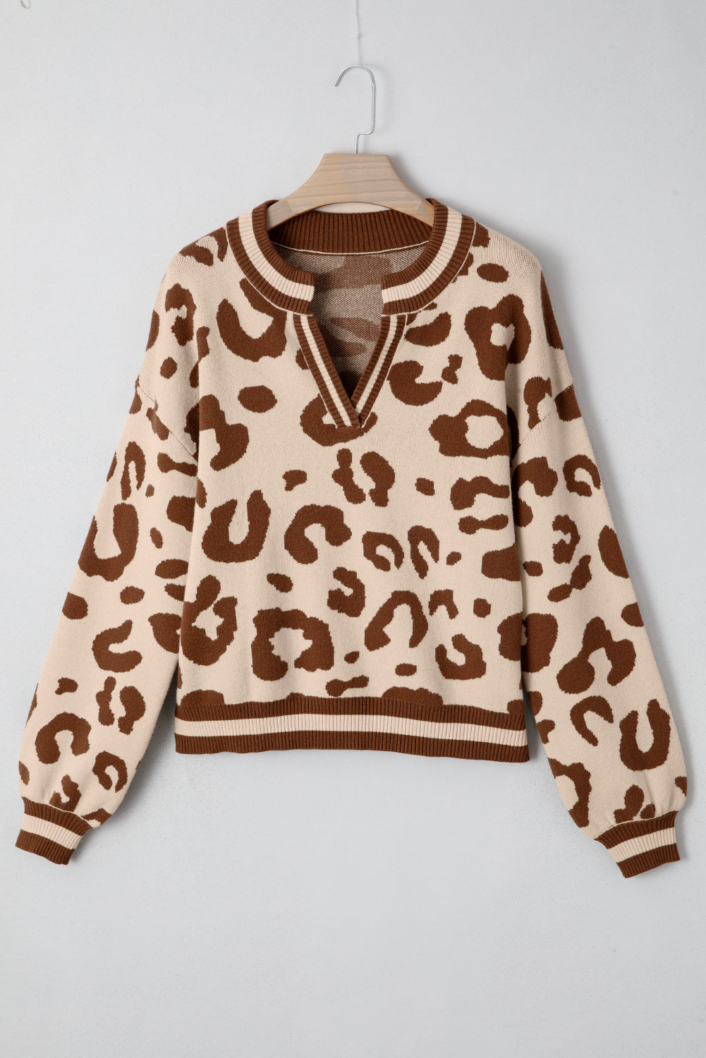 Leopard Print V Neck Sweater Casual Knit Pullover for Women