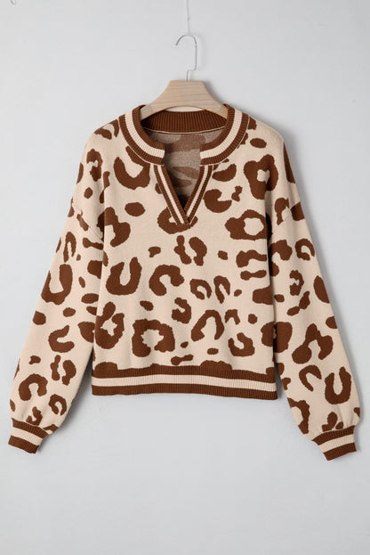 Leopard Print V Neck Sweater Casual Knit Pullover for Women