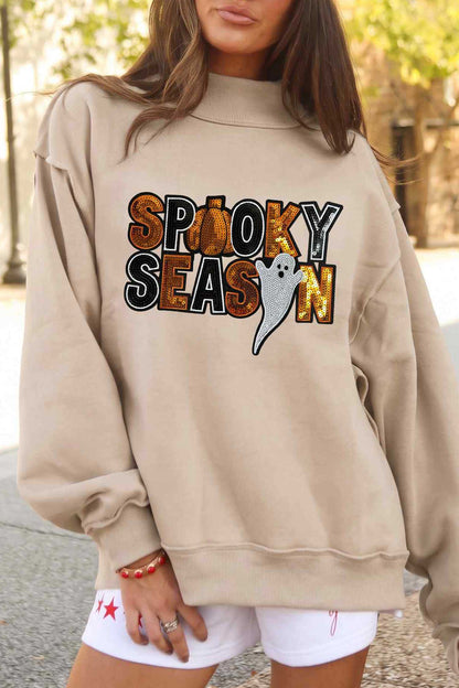 Sequin Spooky Season Ghost Mock Neck Halloween Sweatshirt