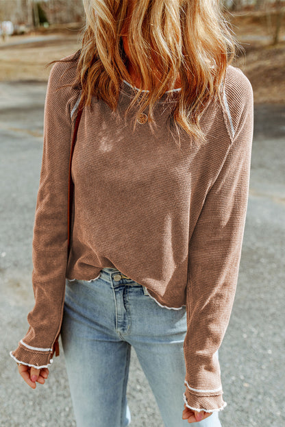 Womens Waffle Knit Long Sleeve Top Casual Crew Neck Tee
