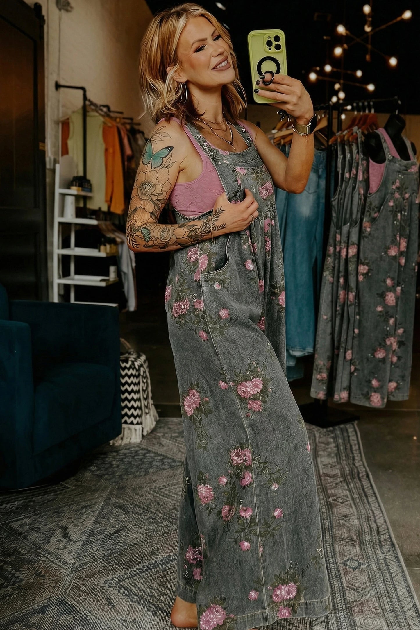 Blue Floral Wide Leg Denim Jumpsuit with Adjustable Straps
