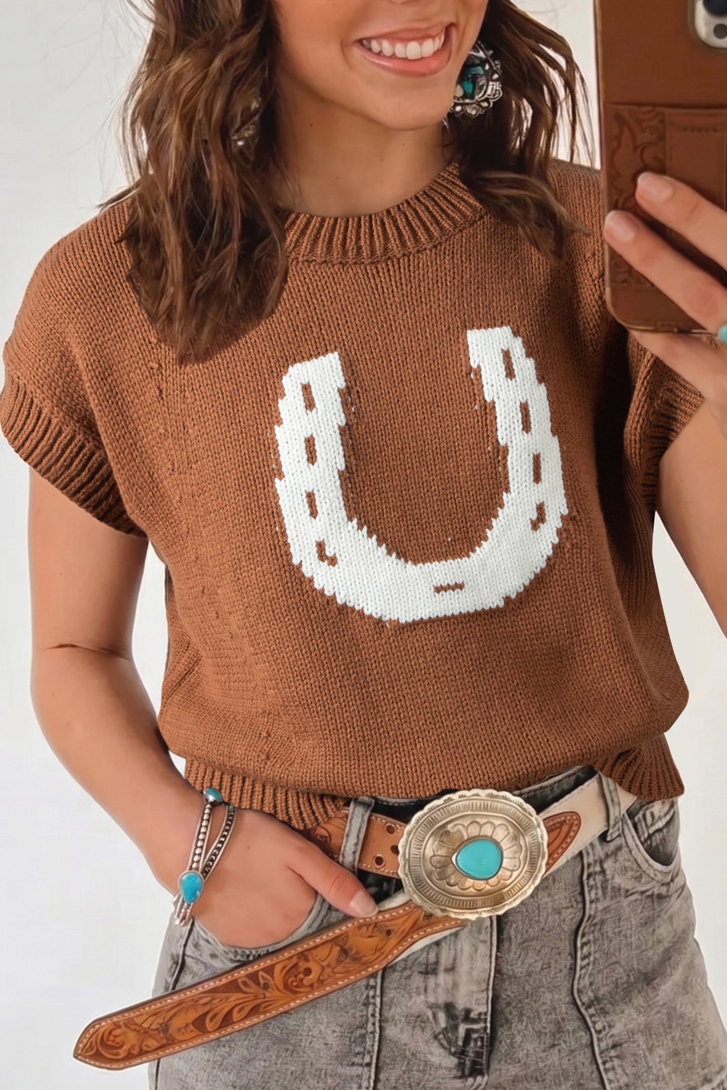 Western Horseshoe Knit Sweater Tee Short Sleeve Pullover